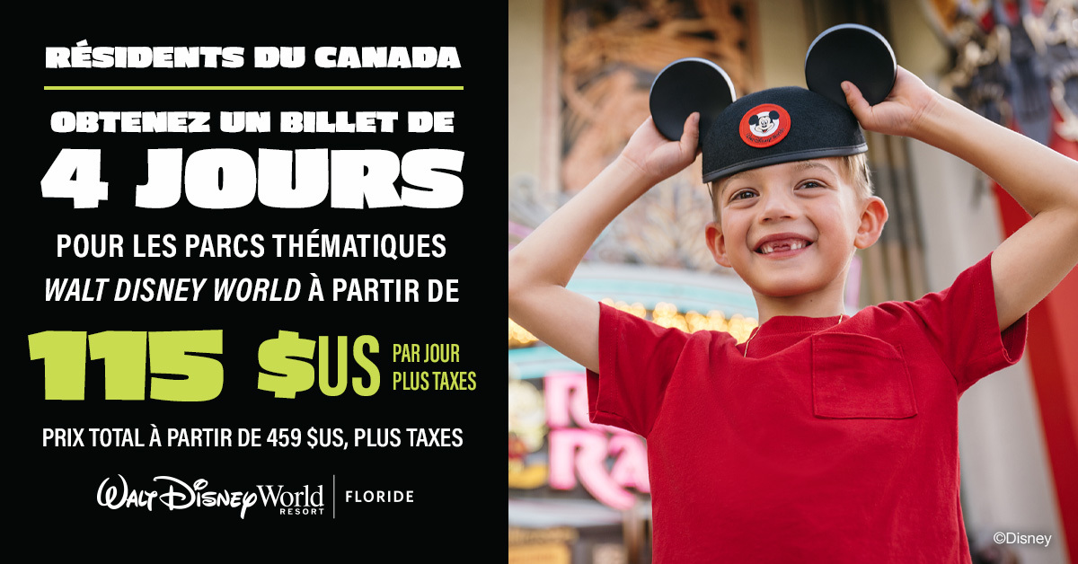 Rabais résidents canadiens sur les billets de parc à partir de 115$USD par personne par jour, 4 jours minimum requis