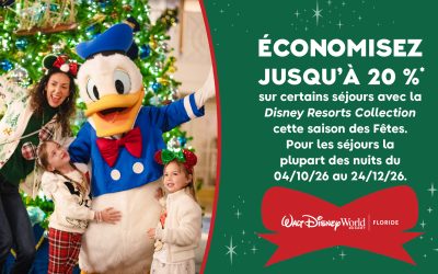 Économisez jusqu&rsquo;à 20% sur certains séjours Disney Resorts Collection pour les Fêtes.
